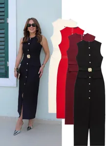 Women's Sexy Sleeveless Crew Neck Midi Dress Elegant High Waist Spliced Long Dress With Metal Buttons And Belt