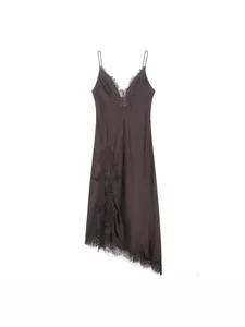 Elegant satin lace slip dress with v-neck and spaghetti straps for women autumn style.