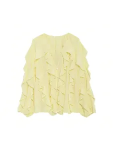 Women light yellow V-neck long sleeve ruffled blouse casual elegant top summer fashion