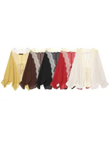 Women summer French lace chiffon cardigan V-neck lace-up long sleeve sun protection shirt