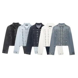 Dames korte denim jas militaire stijl opstaande kraag knopen spijkerjasje top