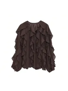 Dark brown layered ruffle long sleeve blouse, chic V-neck pullover top for women spring.