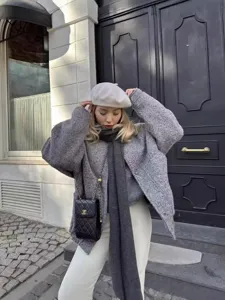 Casual grey tweed jacket for women street style Y2K long sleeve button up outerwear