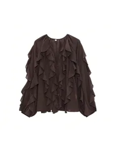 Women's dark brown V-neck long sleeve blouse featuring elegant layered ruffle front design.