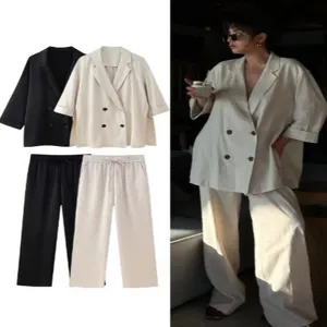 Mujer Casual Doble Botonadura Blazer Chaqueta De Traje Y Pantalones Largos Conjunto Color Sólido Manga Larga Suelto Streetwear Conjunto De Dos Piezas