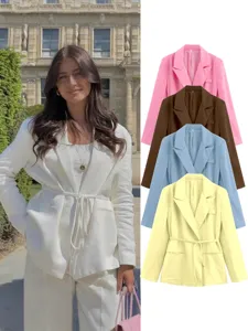 Blazer Décontracté en Mélange de Lin pour Femmes Manches Longues Revers Ceinturé Couleur Unie Veste Ouverte Vêtements d'Extérieur de Bureau
