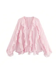 Women Pink V-Neck Long Sleeve Ruffle Layered Chiffon Blouse Elegant Chic Casual Top