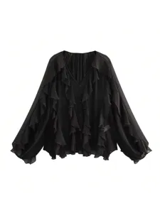 Elegant black V-neck long sleeve ruffle blouse for women chic casual daily wear top