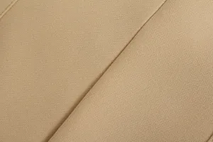 Close-up detail shot of khaki fabric texture, showing fine weave and neat stitching.