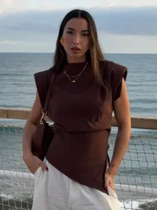 Women stylish brown asymmetrical shoulder pad top fashion elegant daily wear clothing apparel
