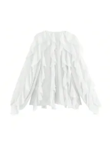 White long sleeve ruffle blouse for women, elegant layered chiffon shirt spring top.