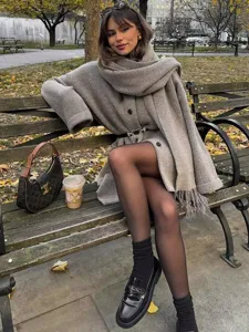 Women short knitted coat with scarf stylish autumn winter outerwear grey elegant casual style