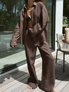 Donna Casual Manica Lunga Collo Risvolto Tinta Unita Camicia E Pantaloni Gamba Larga Set