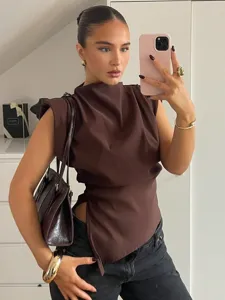 Stylish brown draped sleeveless top with shoulder pads and asymmetric hem for women.