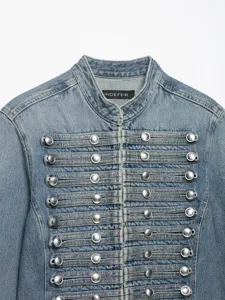 Korte Spijkerjas Met Opstaande Kraag Militaire Stijl Dubbele Knoop Blauw Dames Chic