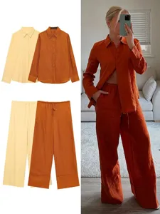 Completo casual da donna in lino primaverile camicia manica lunga pantaloni larghi
