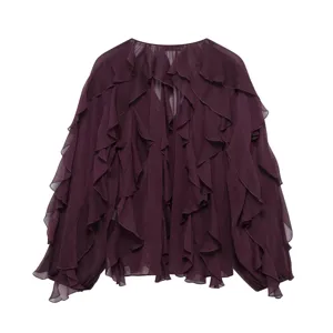 Detailed view of the deep purple V-neck layered ruffle long sleeve chiffon shirt blouse.