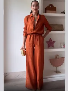 Set coordinato da donna casual a maniche lunghe con camicia e pantaloni larghi