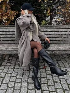Chic European women's knitted coat with scarf set, elegant autumn winter apparel detail.