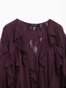 Dark purple V-neck long sleeve ruffle blouse detail, elegant layered spring top for women.
