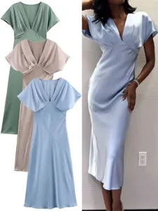 Women Casual V-Neck Short Sleeve Midi Dress Solid Color Spliced Polyester Slender Fit Elegant Party Fashion Dress