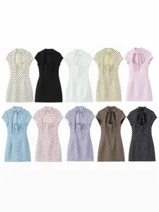 Damen französisches gepunktetes Etuikleid Sommer elegant ärmellos Party Mini Kleid