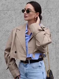 Women cropped trench coat casual solid color raw edge stylish outerwear spring autumn