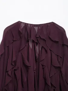 Dark purple long sleeve ruffle blouse detail, V-neck layered design, women top