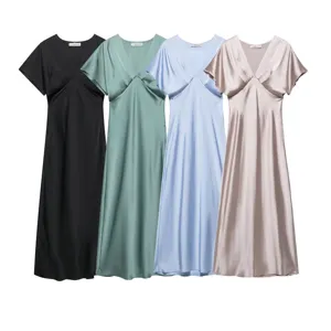 Elegant satin midi dress featuring a flattering V-neck and short sleeves for chic daily wear.