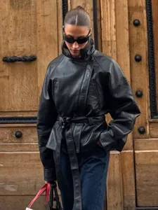 Women's short black leather jacket with belt autumn fashion casual stylish outerwear coat