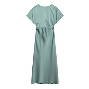Sage green satin dress detail, short sleeves, waist design, elegant casual style for summer.