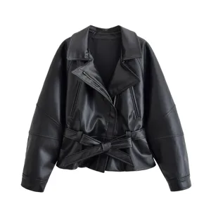 Women black faux leather jacket short belted motorcycle coat autumn fashion outerwear top