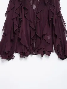 Deep purple V-neck long sleeve ruffle chiffon blouse women's elegant layered button shirt top
