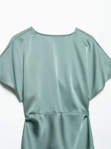 Satin dress short sleeve detail, elegant women casual silk feel apparel, green style.