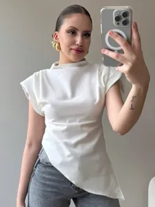 Women's European style fashion pleated asymmetric shoulder pad white top spring new.
