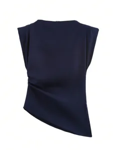 Dark blue sleeveless asymmetric top detail, fashion pleated shoulder pad clothing.