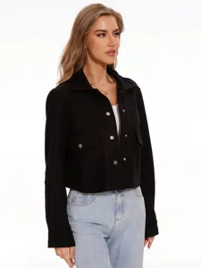 Chaqueta corta de tweed negro para mujer camisa de lana con solapa y botones otoño