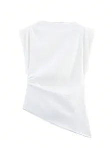 Close-up of a white asymmetric sleeveless top with chic shoulder pads and unique side gathering.
