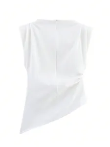 White asymmetrical sleeveless top detail featuring shoulder pads and stylish side ruched design.