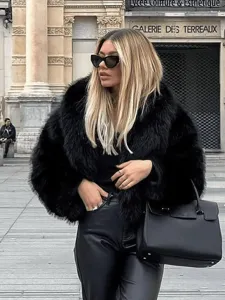 European fashion oversized faux fur lapel coat for women, warm winter luxury jacket streetwear.