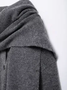 Close up view of grey knit coat collar and soft scarf texture detail showing fine winter fabric.