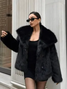 Detailed outdoor presentation showcasing the trendy black faux fur lapel coat on a model.