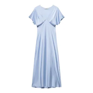 Elegant light blue satin V-neck maxi dress with short sleeves for women summer daily wear.