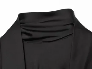 Black satin scarf collar long sleeve slim mini dress detail view fashion elegant style