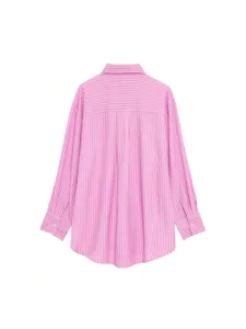 Pink white striped loose shirt back detail long sleeve casual style top for women summer