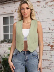 Detailed view of the women's casual green V-neck button-down cropped vest waistcoat top.