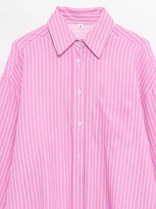 Pink white striped shirt collar detail, loose casual long sleeve button down top view.