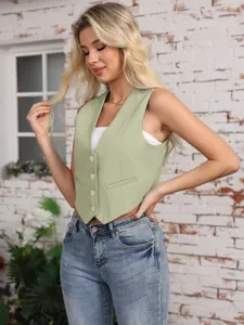 Casual sage green cropped vest waistcoat for women Y2K summer style V-neck button down top detail view