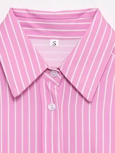 Close-up detail of pink and white striped collared shirt with front buttons and size S tag.