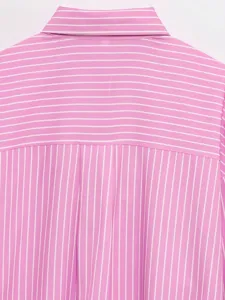 Women's pink striped casual shirt back detail, loose fit cotton top for daily wear.